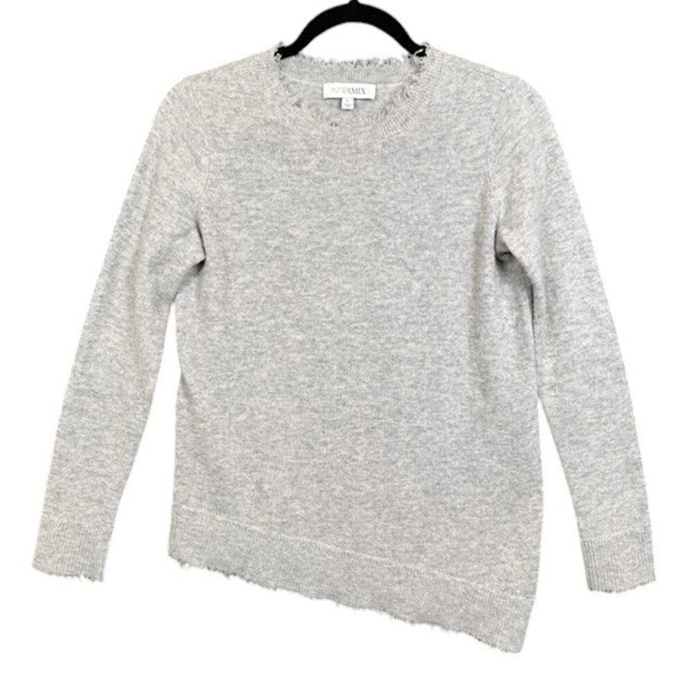 Intermix Wool Cashmere Blend Light Gray Sweater Asymmetric Fray Hem Size Small